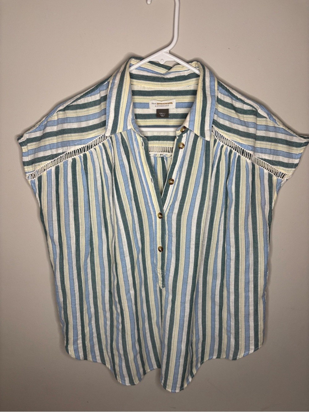 Anthropologie Pilcro striped 100% cotton button down tunic small green blue